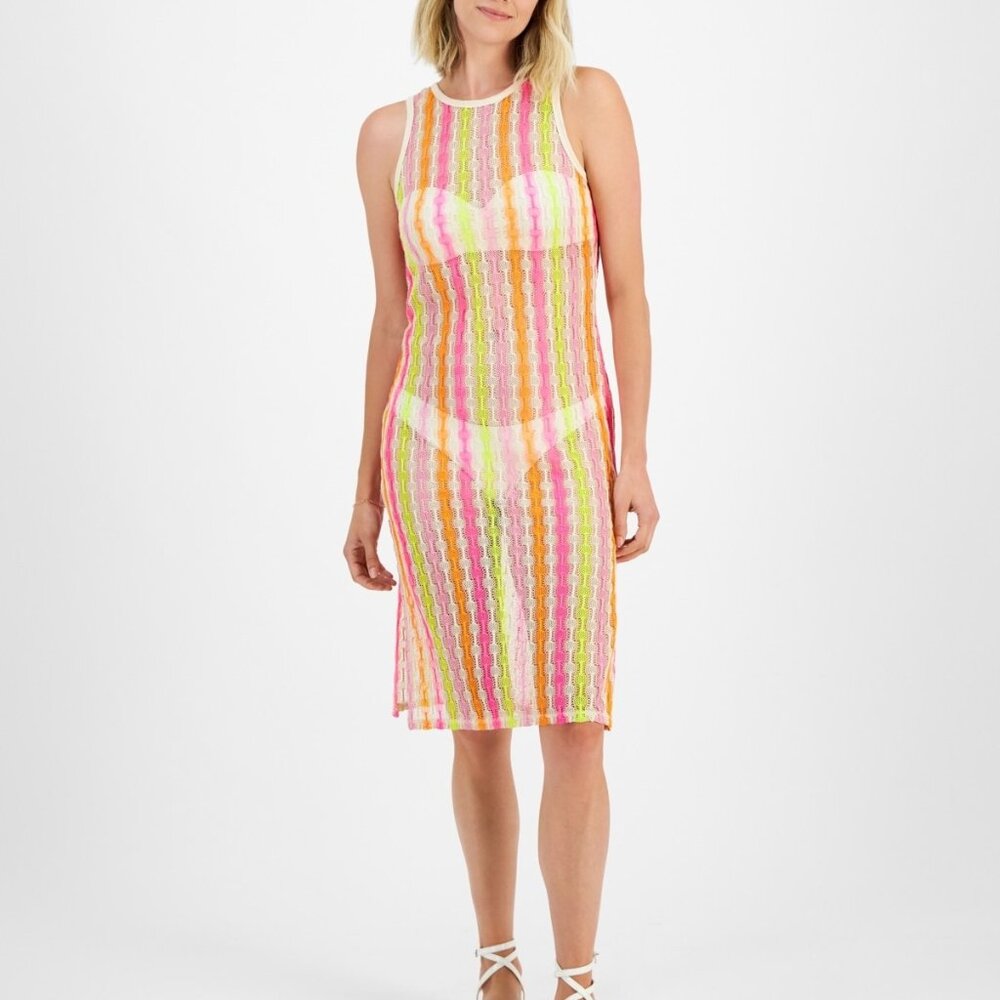 Miken Women's Open Knit Sleeveless Cover-Up Dress – Neon Multicolor Mesh